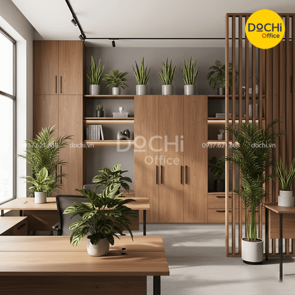 Mẫu thiết kế nội thất văn phòng xanh sử dụng nội thất gỗ