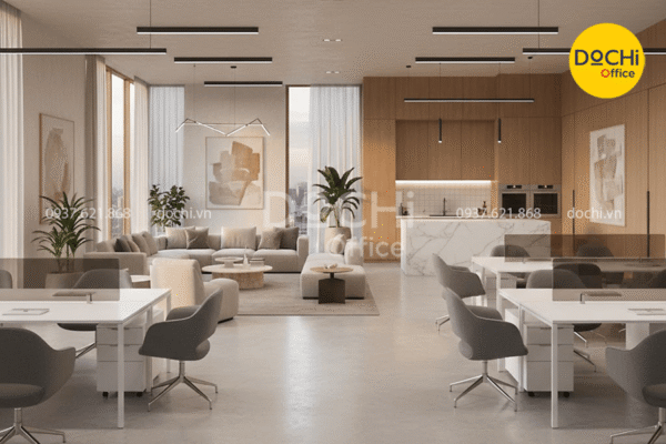 Mẫu thiết kế nội thất văn phòng 200m2 tone màu trung tính sang trọng