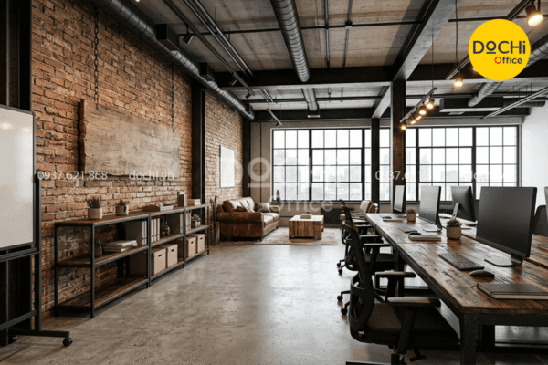 Mẫu thiết kế nội thất văn phòng 120m2 phong cách công nghiệp